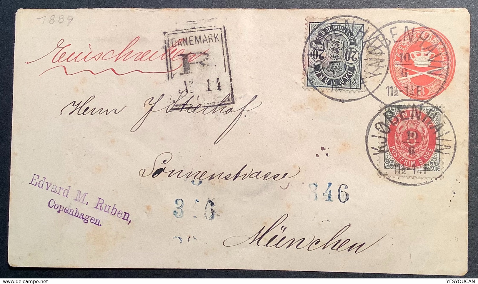 EDVARD M.RUBEN COPENHAGEN Early Stamp Dealer 1889 Postal Stationery Registered>München (Bi-coloured Denmark Moens Kosack - Briefe U. Dokumente