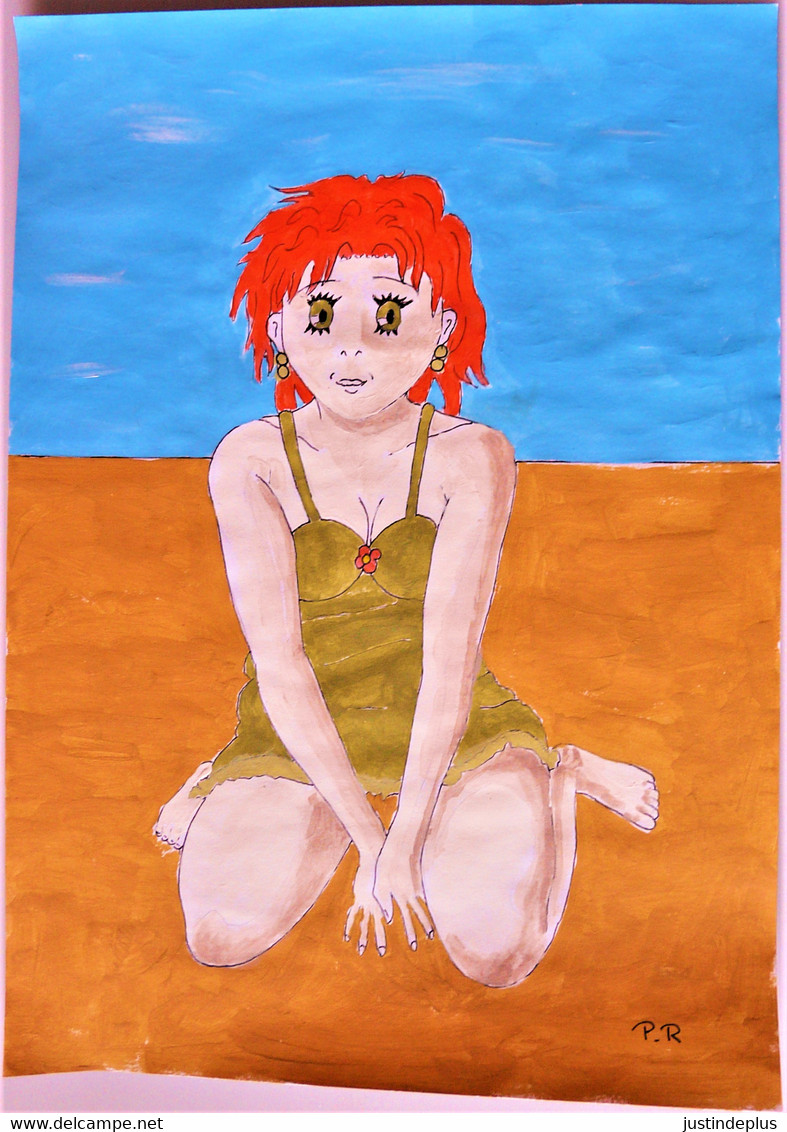 LA PETITE ROUSSE A LA PLAGE ACRYLIQUE SUR PAPIER DESSIN MANGA ORIGINAL 21 X 29.7 PIN UP - Acryliques