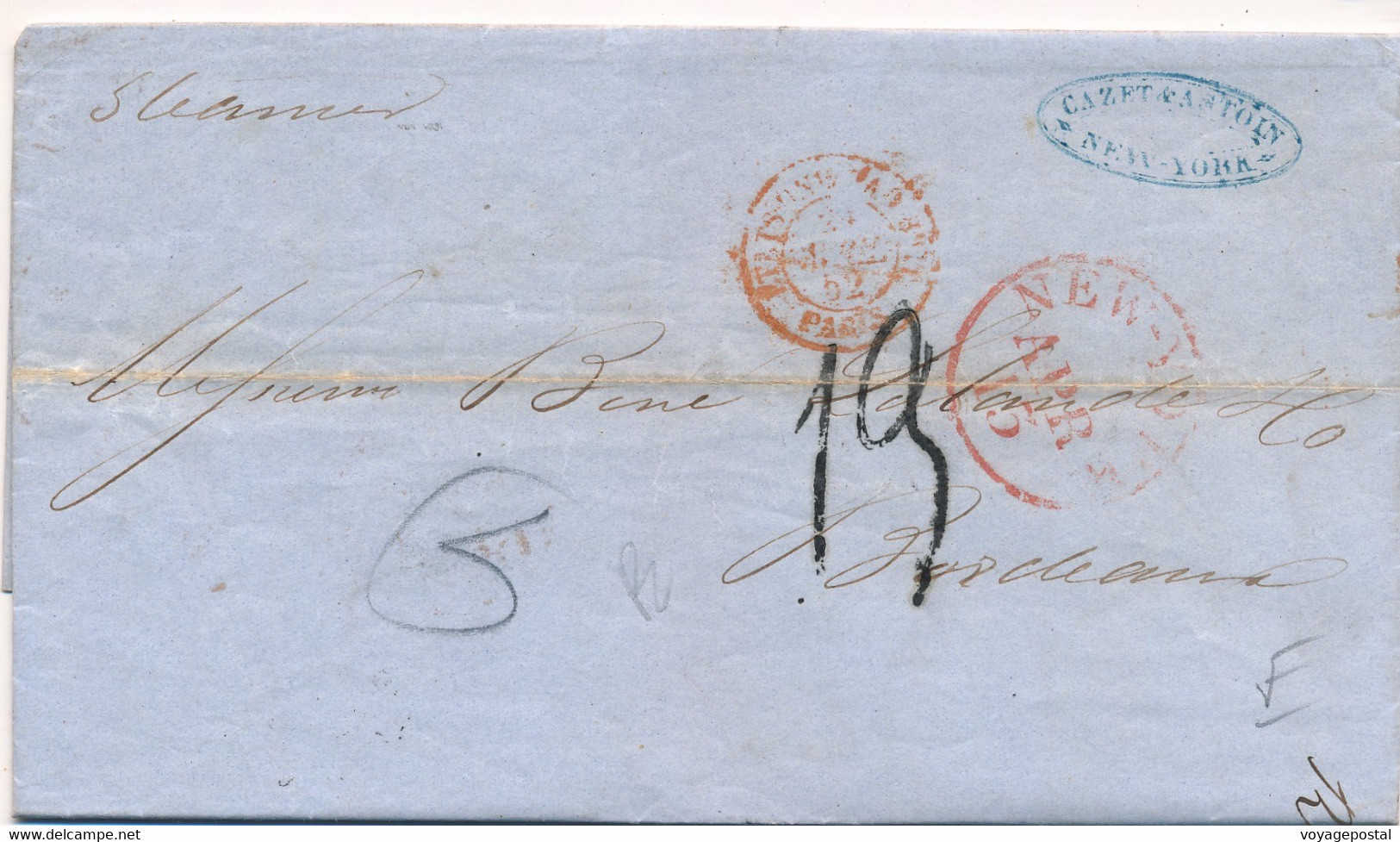 LETTRE NEW YORK ENTRÉE ETATS-UNIS PAQ BRIT PARIS COVER BORDEAUX TAXE - …-1845 Prefilatelia