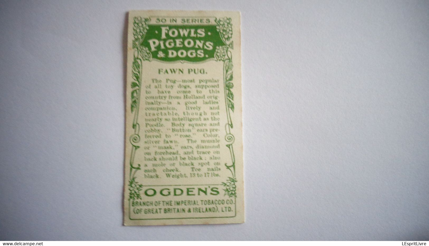 FAWN PUG N° 35 Fowls Pigeons And Dogs Chien Dog Cigarettes OGDEN'S Tobacco Vignette Trading Card Chromo - Ogden's