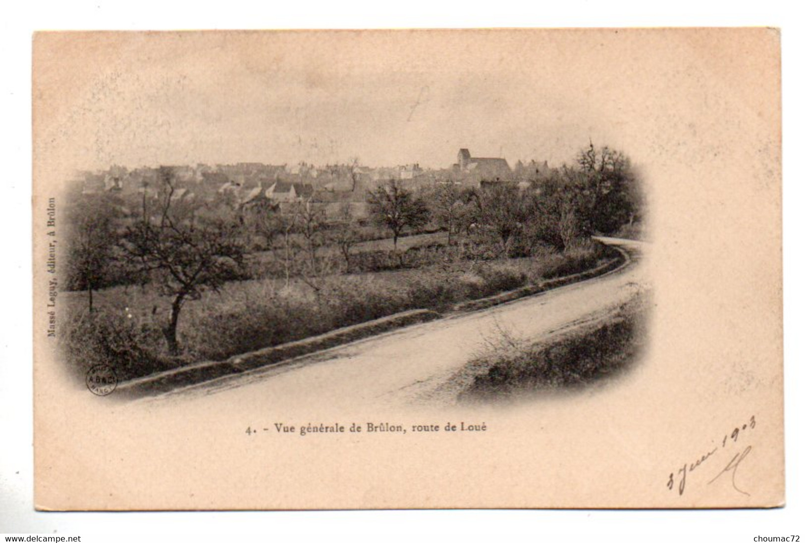 (72) 2516, Brulon, Massé-Leguy éditeur 4, Vue Générale, Route De Loué, Dos Non Divisé - Brulon