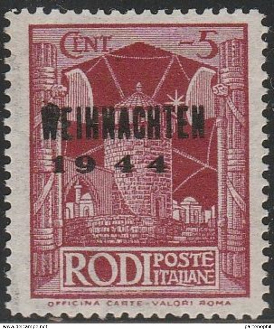 412 Occupazione Tedesca Dell'Egeo  1944 - 5 C. Lilla Rosso Soprastampato “WEIHNACHTEN 1944” Con Cifre Spaziate N. 9 MNH - Aegean