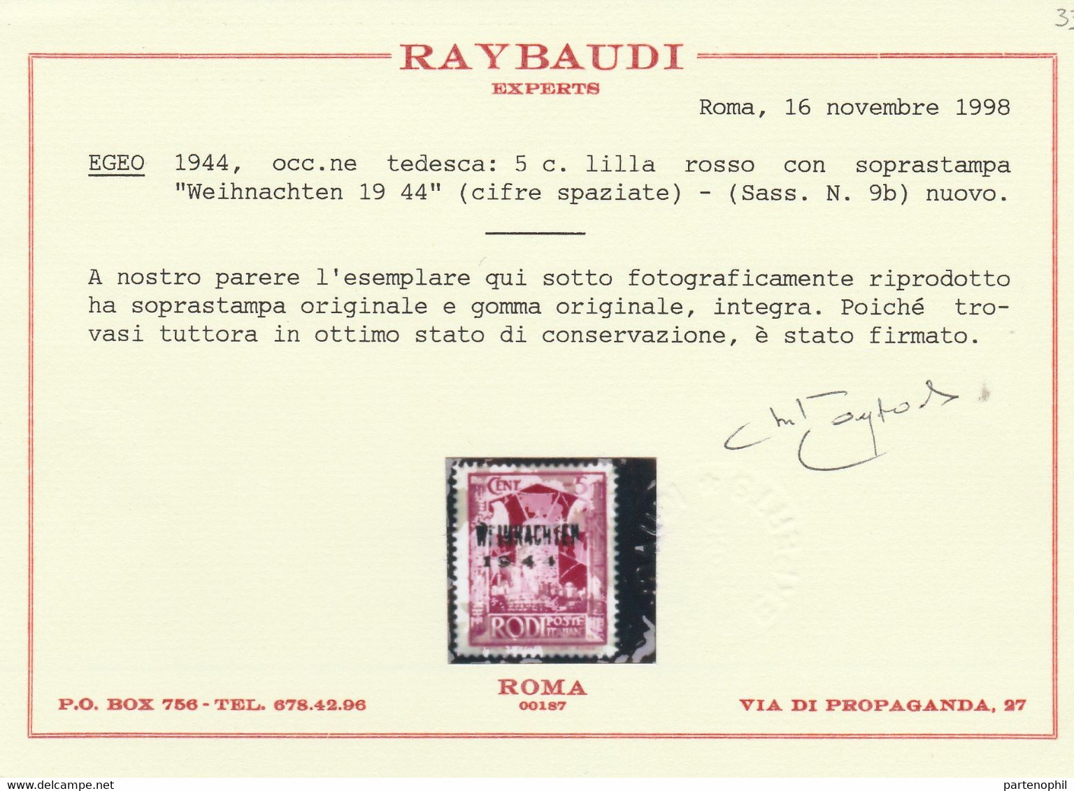 412 Occupazione Tedesca Dell'Egeo  1944 - 5 C. Lilla Rosso Soprastampato “WEIHNACHTEN 1944” Con Cifre Spaziate N. 9 MNH - Aegean