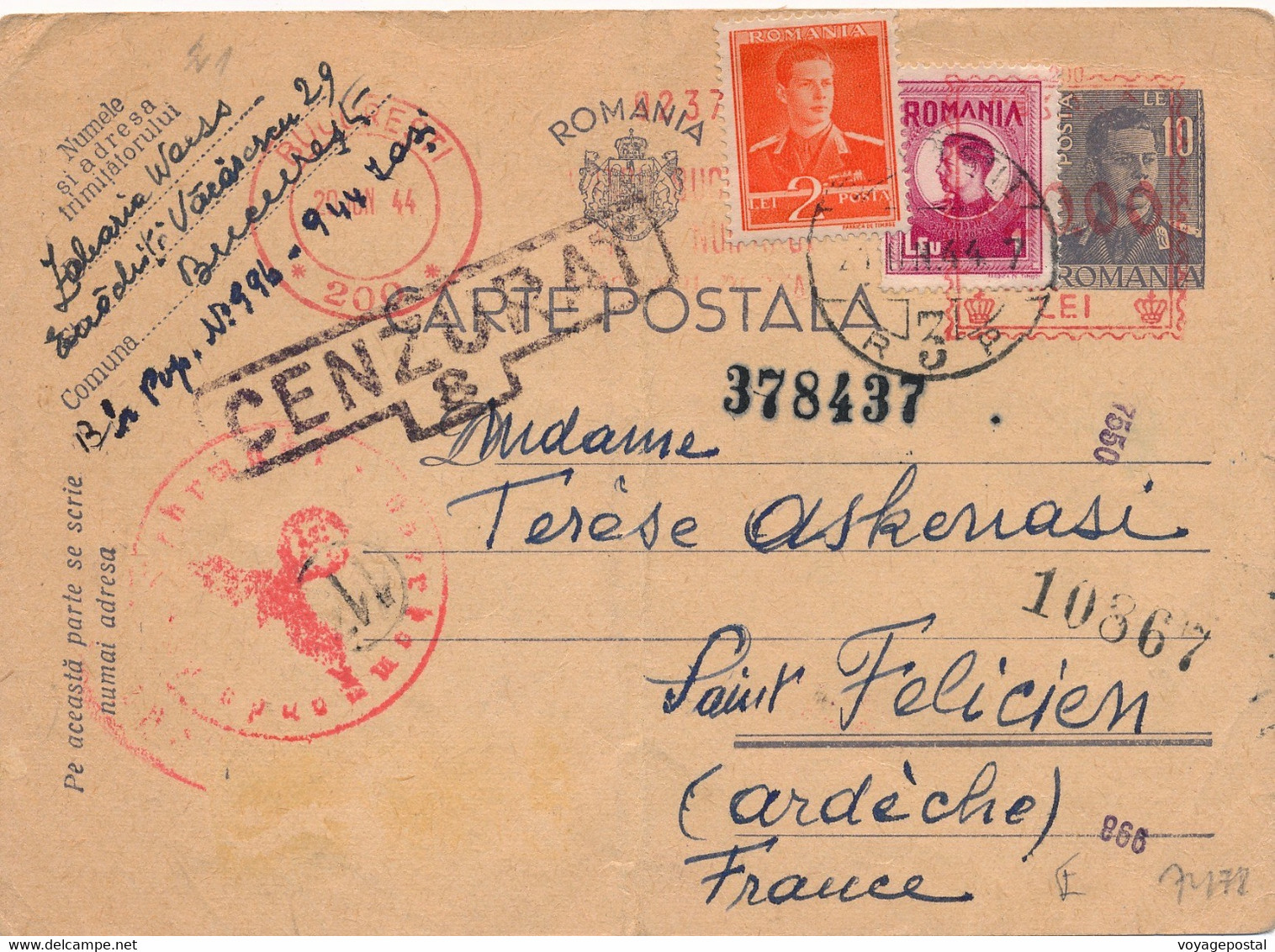 CARTE ENTIER POSTAL BUCAREST CENZURAT SAINT FELICIEN ARDECHE CARD WWII BUCARESTI - Cartas De La Segunda Guerra Mundial