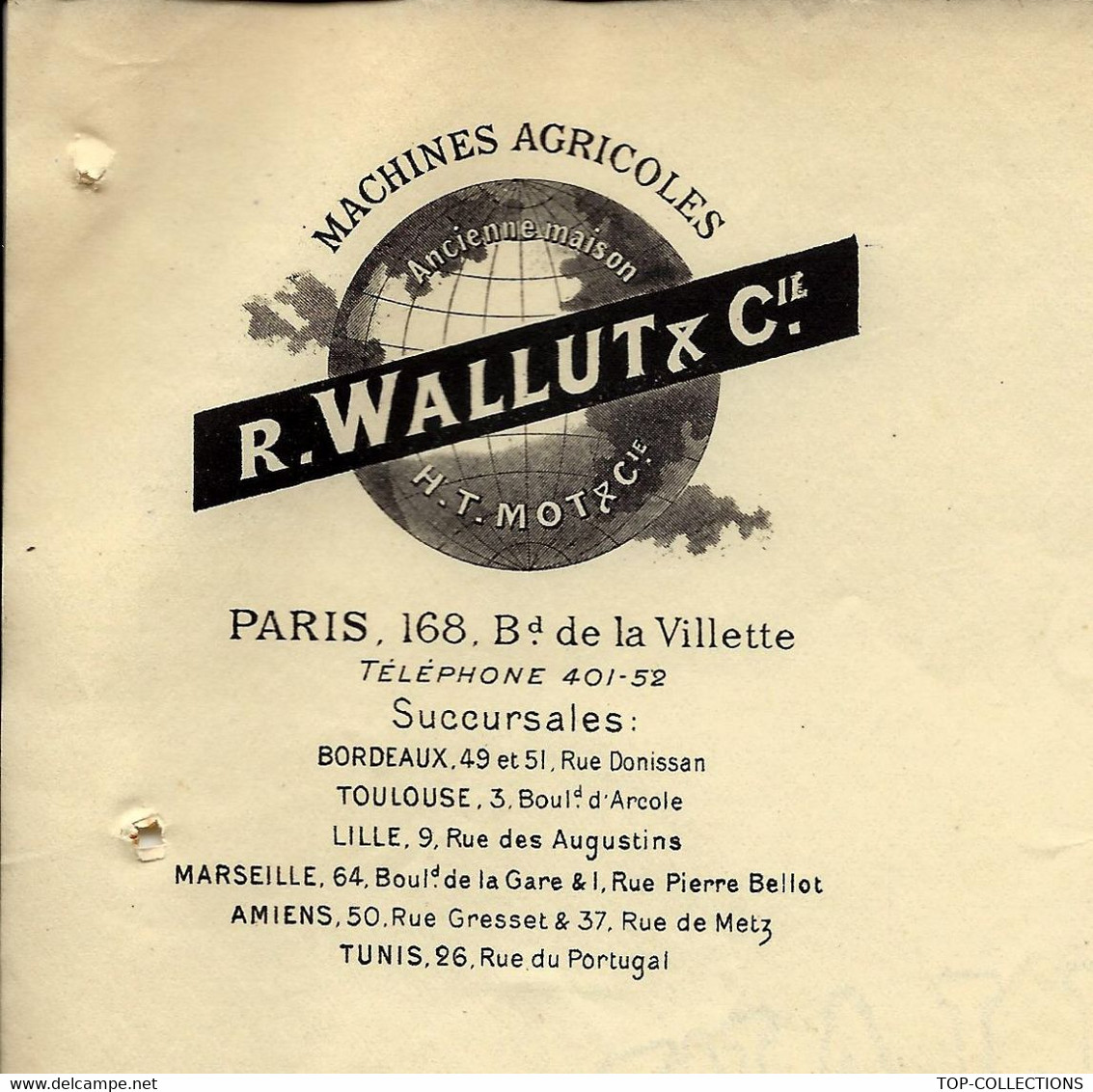 1903  ENTETE MACHINES AGRICOLES MACHINISME  AGRICULTURE R.WALLUT Paris Pour Toutain Chabris (Loir Et Cher) B.E.V.HIST. - 1900 – 1949