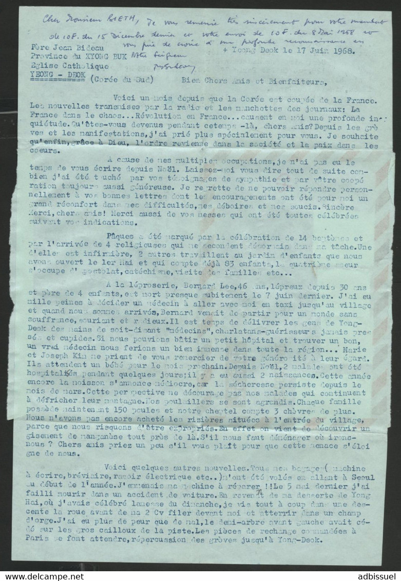 AEROGRAMME Mission Catholique De Yeong Deok En Corée Du Sud En 1968. Texte Intéressant Sur Les Lépreux. Père BIDEAU - Christianisme