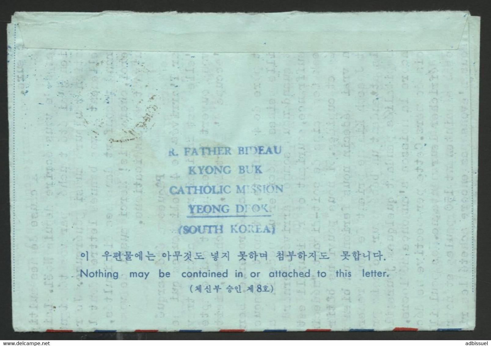 AEROGRAMME Mission Catholique De Yeong Deok En Corée Du Sud En 1968. Texte Intéressant Sur Les Lépreux. Père BIDEAU - Christianisme