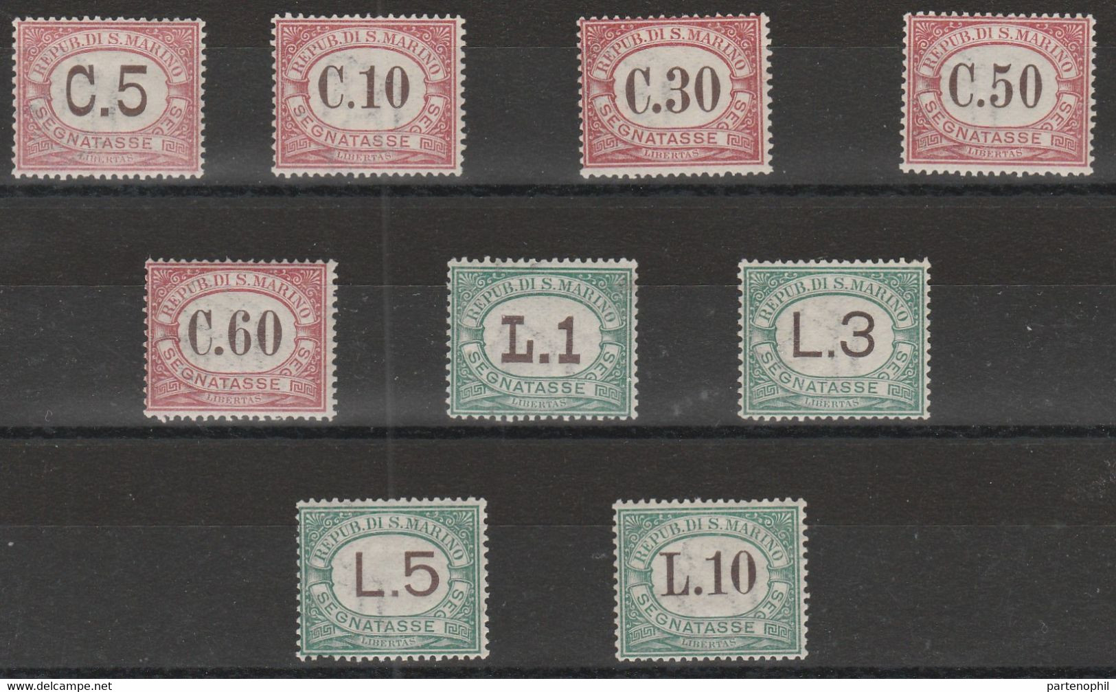 457 San Marino - Segnatasse  457 ** 1824 - Colori Dei Riquadri Cambiati N. 10/18.Cert. E. Diena. Cat. € 2125,00. SPLMNH - Timbres-taxe