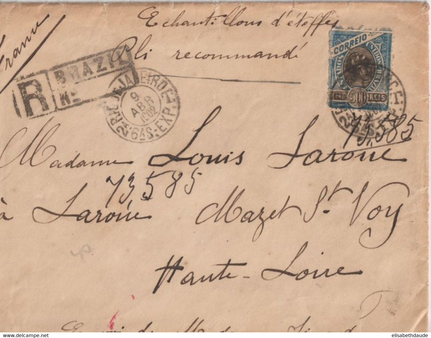 1902 - BRESIL - ENVELOPPE RECOMMANDE De RIO DE JANEIRO => MAZET ST VOY (HAUTE LOIRE) - Briefe U. Dokumente