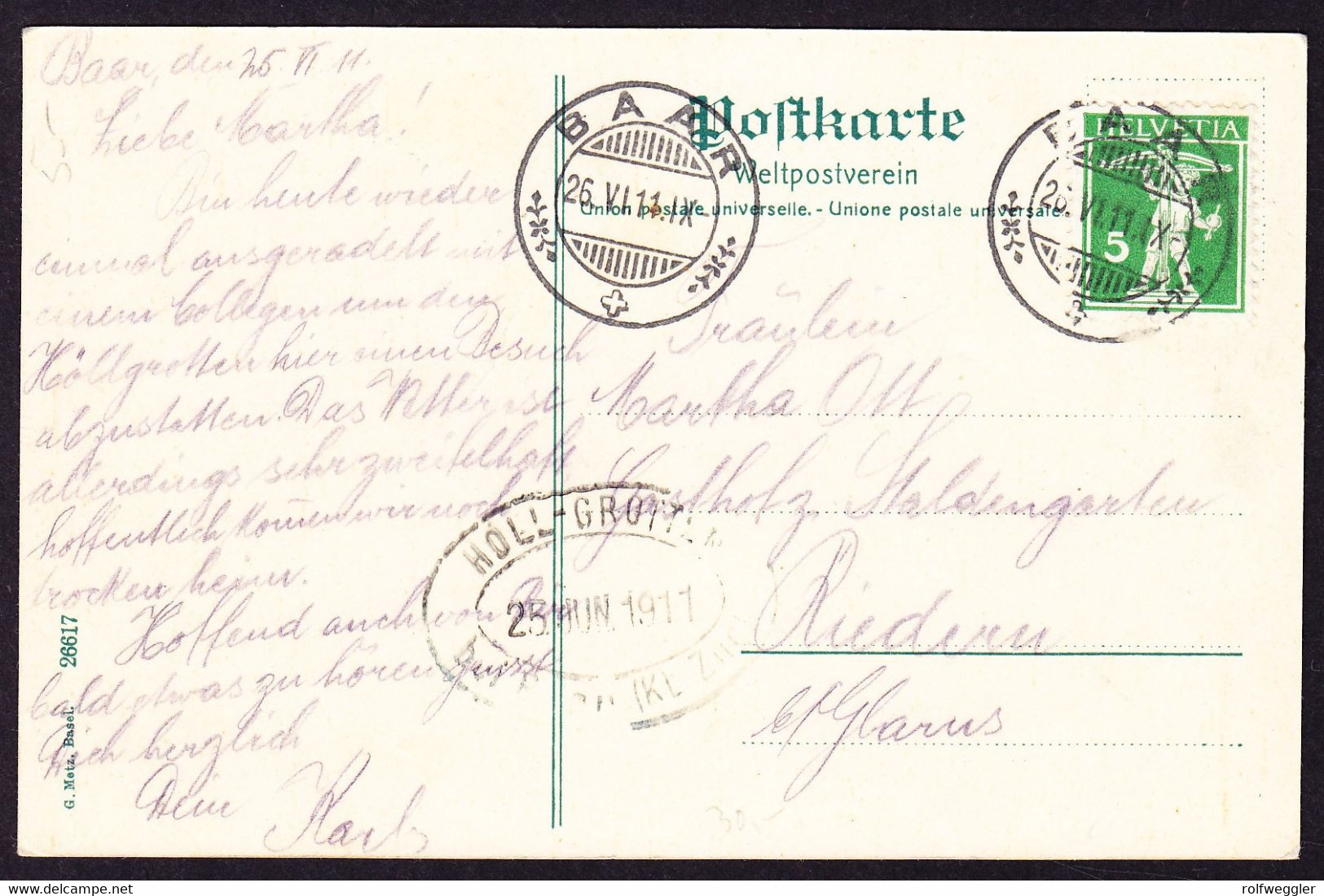 1911 Gelaufene AK: Höllgrotten Bei Baar. Gestempelt BAAR Sowie Datierter Höllgrotten Stempel. - Baar