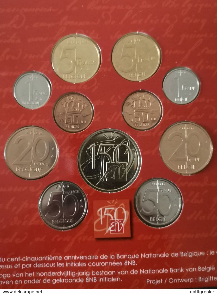 COFFRET BELGIQUE FRANCS FRANK 2000 UNC / SET BELGIUM COINS 150 ANS DE LA BANQUE - FDC, BU, BE & Coffrets