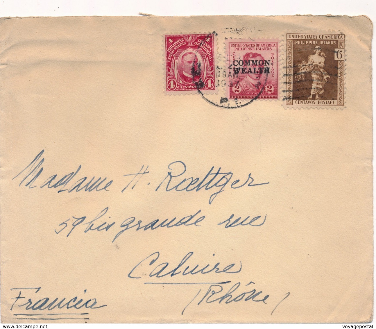 LETTRE PHILIPPINE ISLANDS COMMONWEALTH UNITED STATES OF AMERICA FRANCE COVER - Filippine