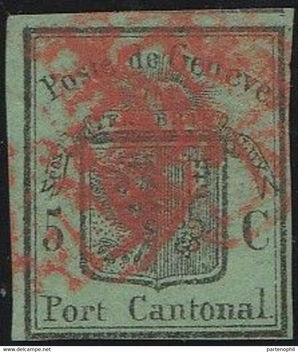 494 -1848 - Ginevra, 5 C. Nero Su Verde Scuro. Aquila Grande, Annullato Col Bollo A Rosetta Di “Ginevra” In Rosso N. 3A. - 1843-1852 Federal & Cantonal Stamps