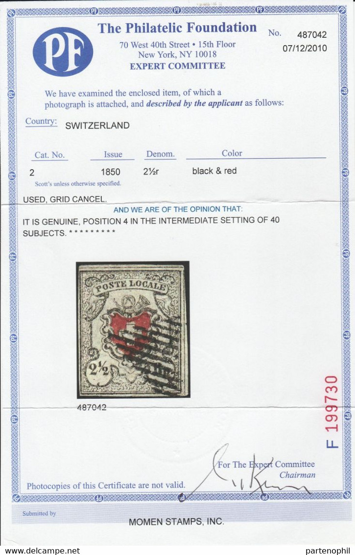 501 - 1850 - Poste Locale, 2½ Rappen, Rosso E Nero. Croce Inquadrata, Esemplare Occupante La Posizione N. 4 Del Foglio D - 1843-1852 Kantonalmarken Und Bundesmarken