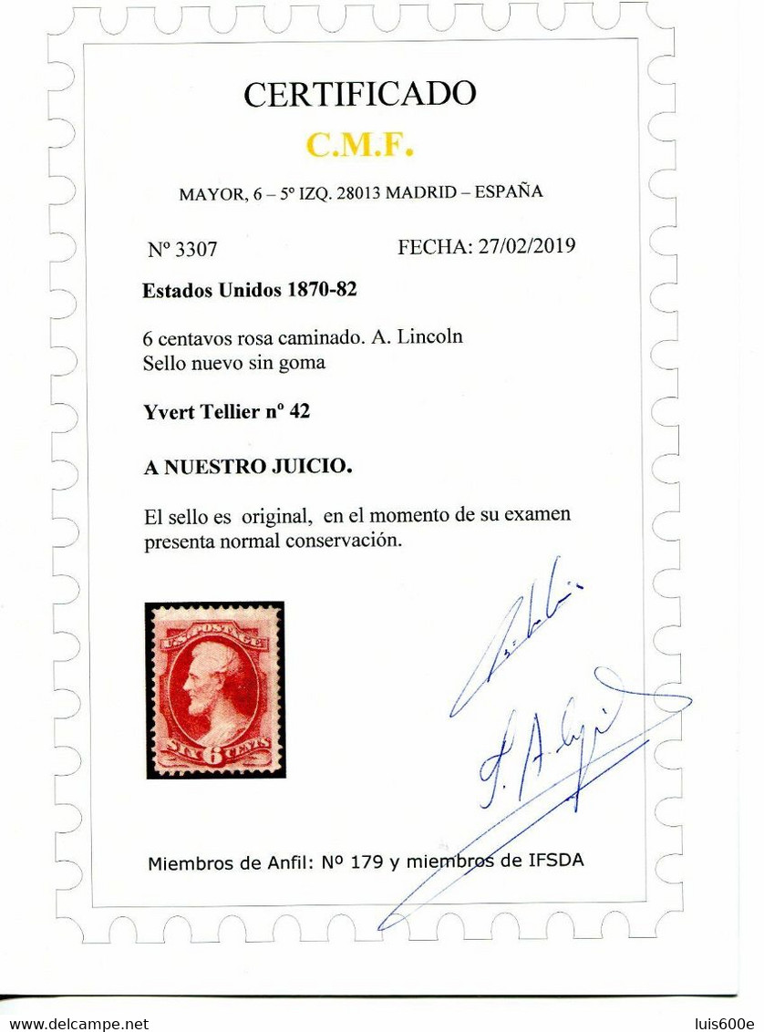 1870.USA.YVERT 42(*).NUEVO.CERTIFICADO CMF.(MH).CATALOGO 850€ - Unused Stamps