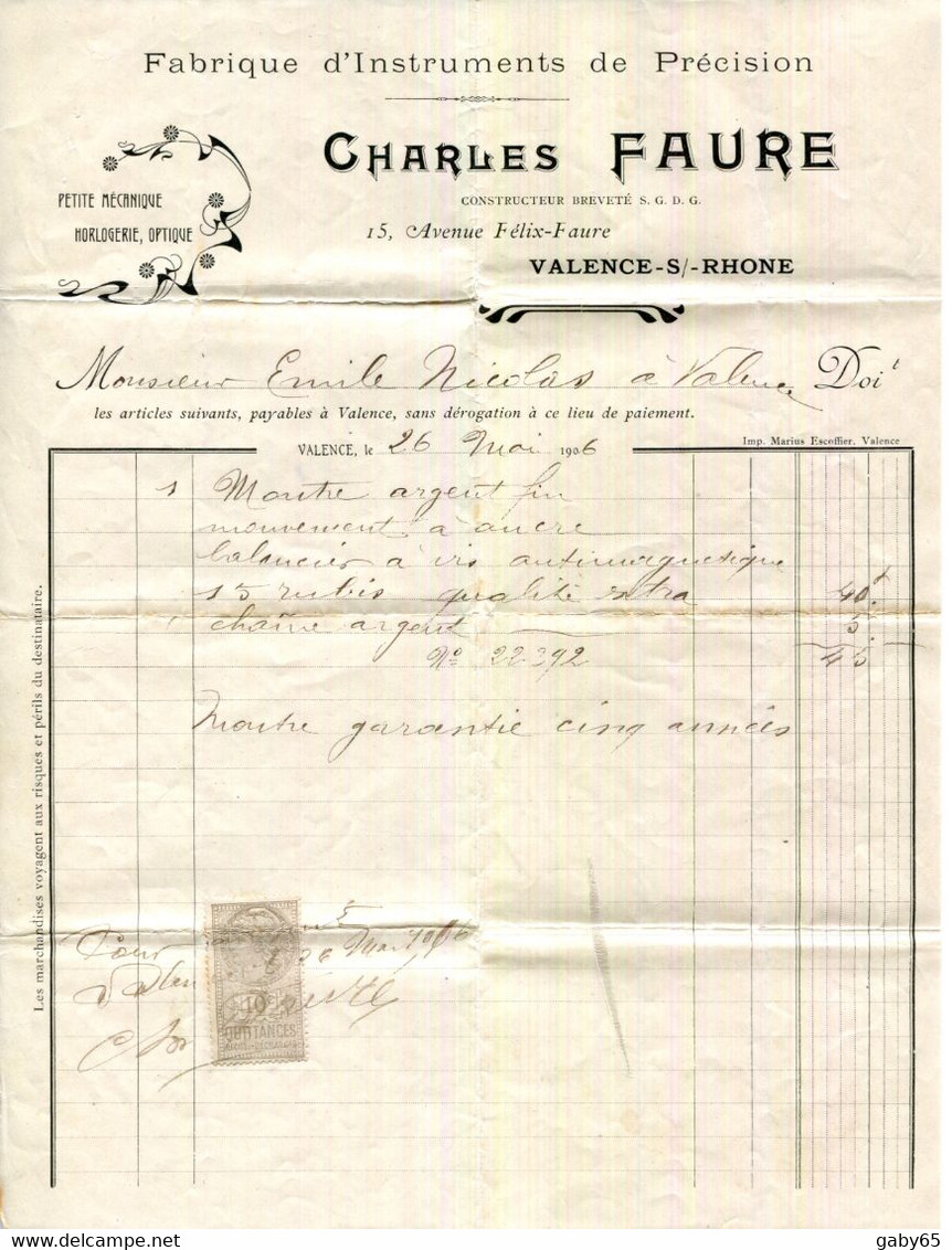 FACTURE.26.DROME.VALENCE.GRANDE FABRIQUE D'INSTRUMENTS DE PRECISION.HORLOGERIE.OPTIQUE.CHARLES FAURE 15 Av.FELIX FAURE. - Other & Unclassified