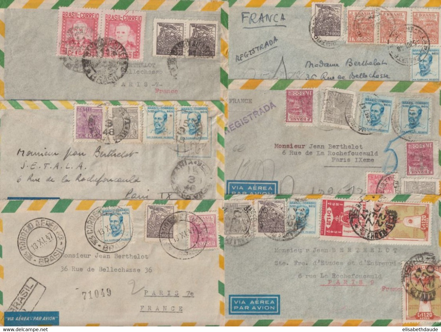 1947/48 - BRESIL - BEL ENSEMBLE De 6 LETTRES Par AVION (DONT RECOMMANDEES) => PARIS - Storia Postale
