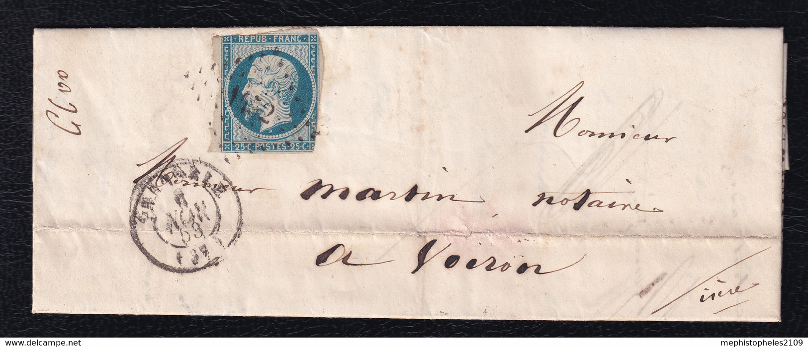 FRANCE 1853 - YT 10 Sur Lettre à Voiron, Oblit. Petits Chiffres - 1852 Louis-Napoléon