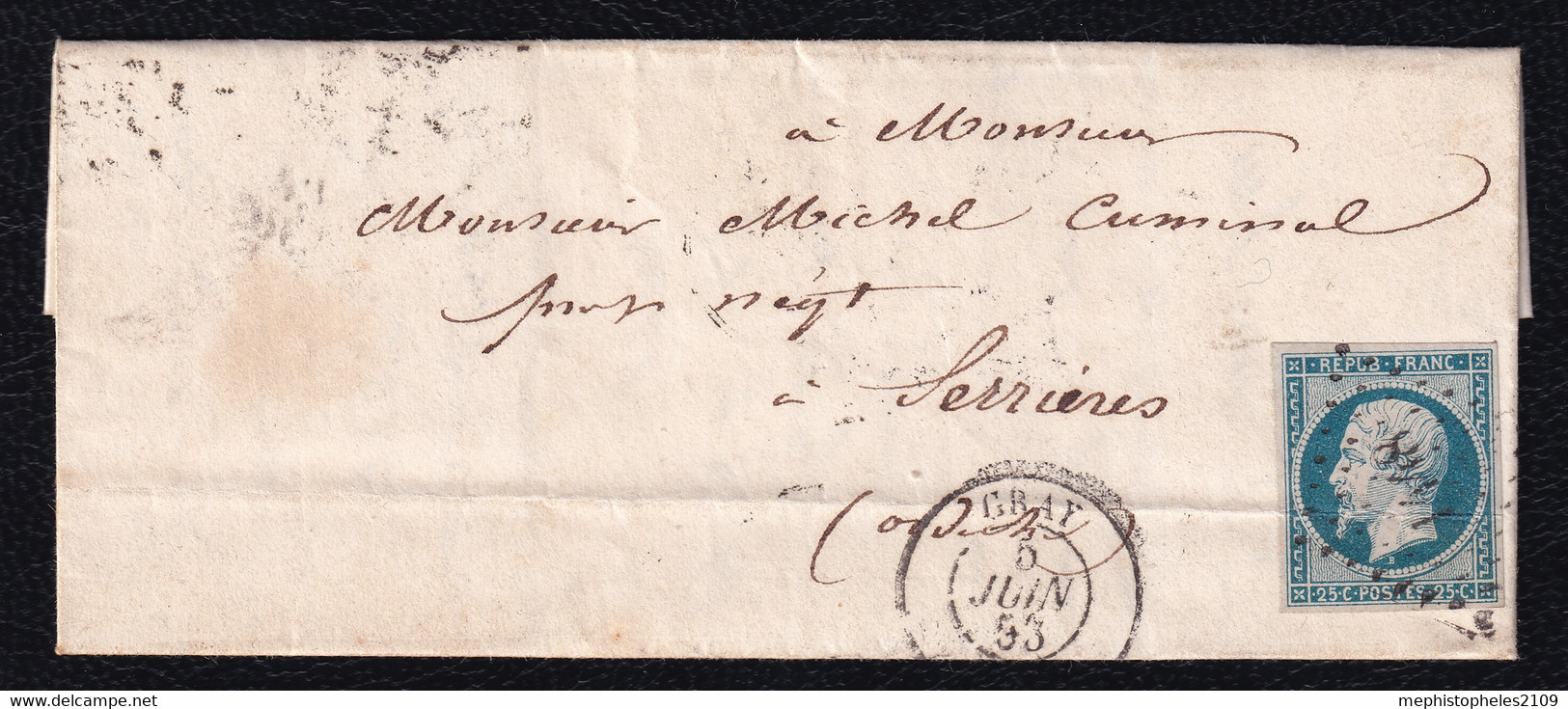 FRANCE 1853 - YT 10 Sur Lettre De Gray à Serrières, Oblit. Petits Chiffres - 1852 Louis-Napoléon