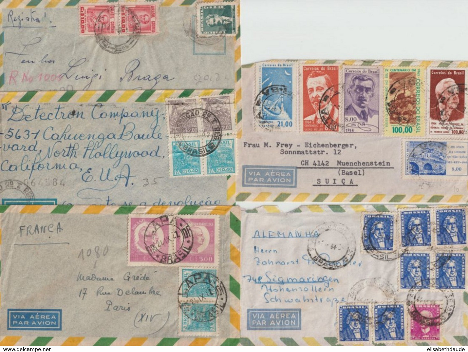 1947/1964 - BRESIL - BEL ENSEMBLE De 5 LETTRES Par AVION => ALLEMAGNE / USA / SUISSE X2 / FRANCE - Airmail