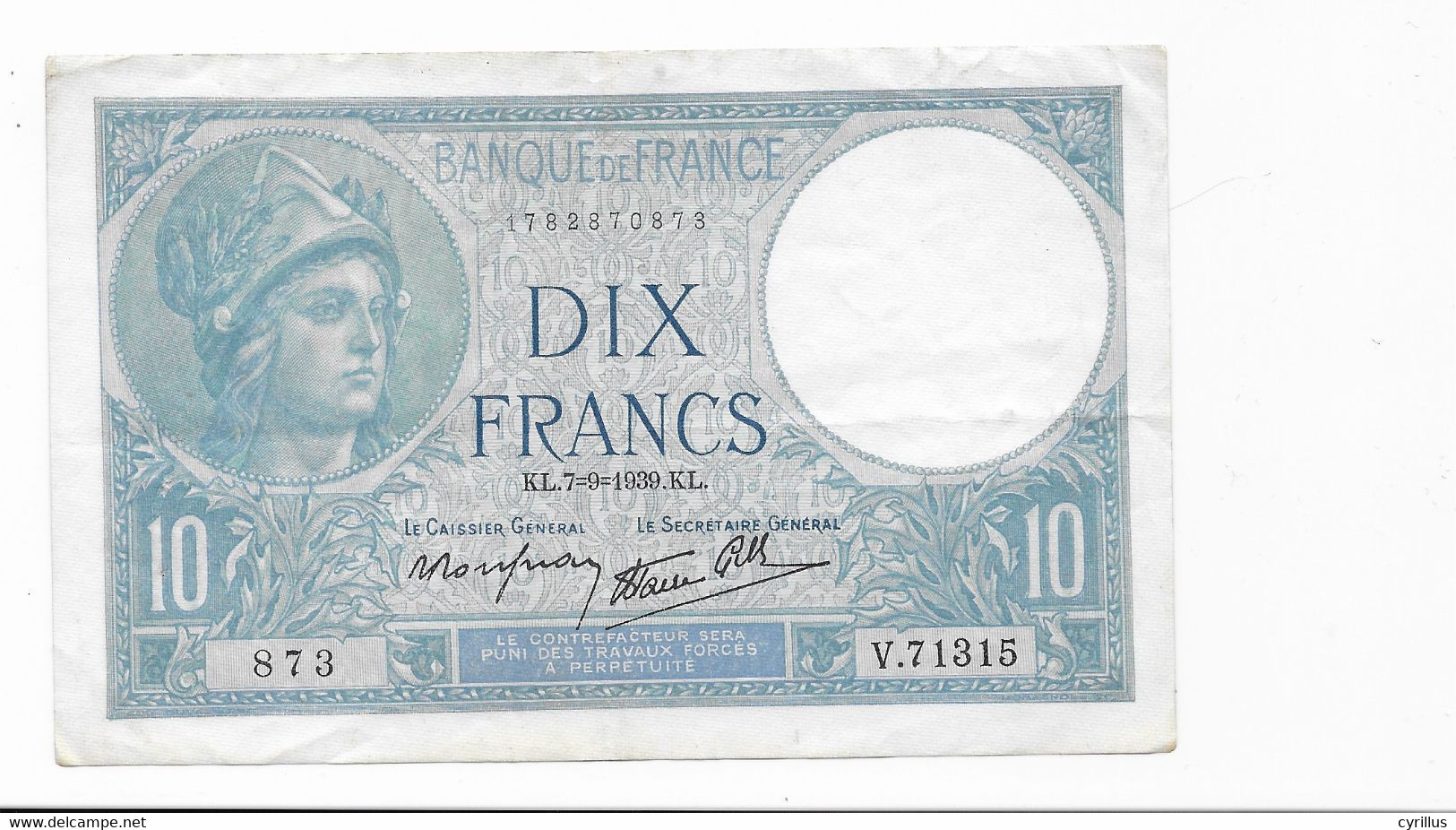 France - Billet De 10 Francs Type Minerve - KL.7-9 1939.KL - 10 F 1916-1942 ''Minerve''