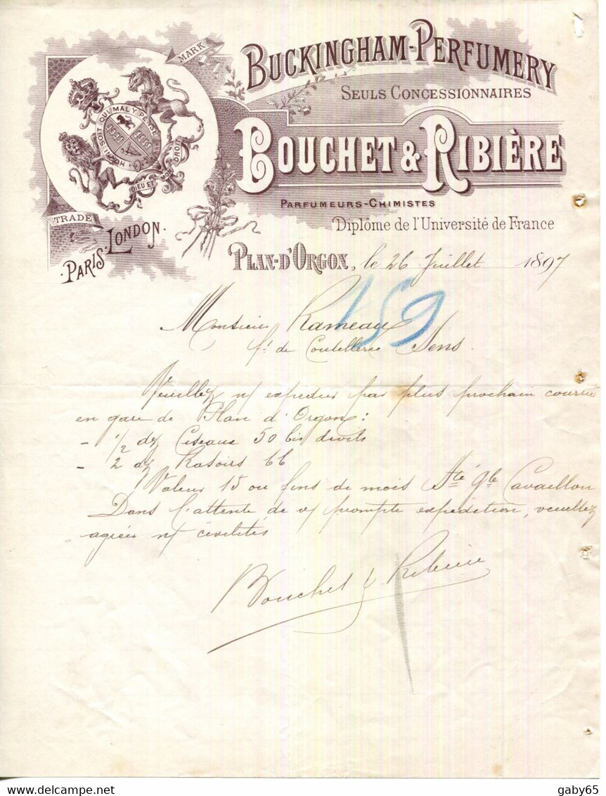 FACTURE.13.PLAN D'ORGON.BOUCHET & RIBIERE PARFUMEURS-CHIMISTES.CONCESSIONNAIRES DE BUCKINGHAM-PERFUMERY. - Chemist's (drugstore) & Perfumery