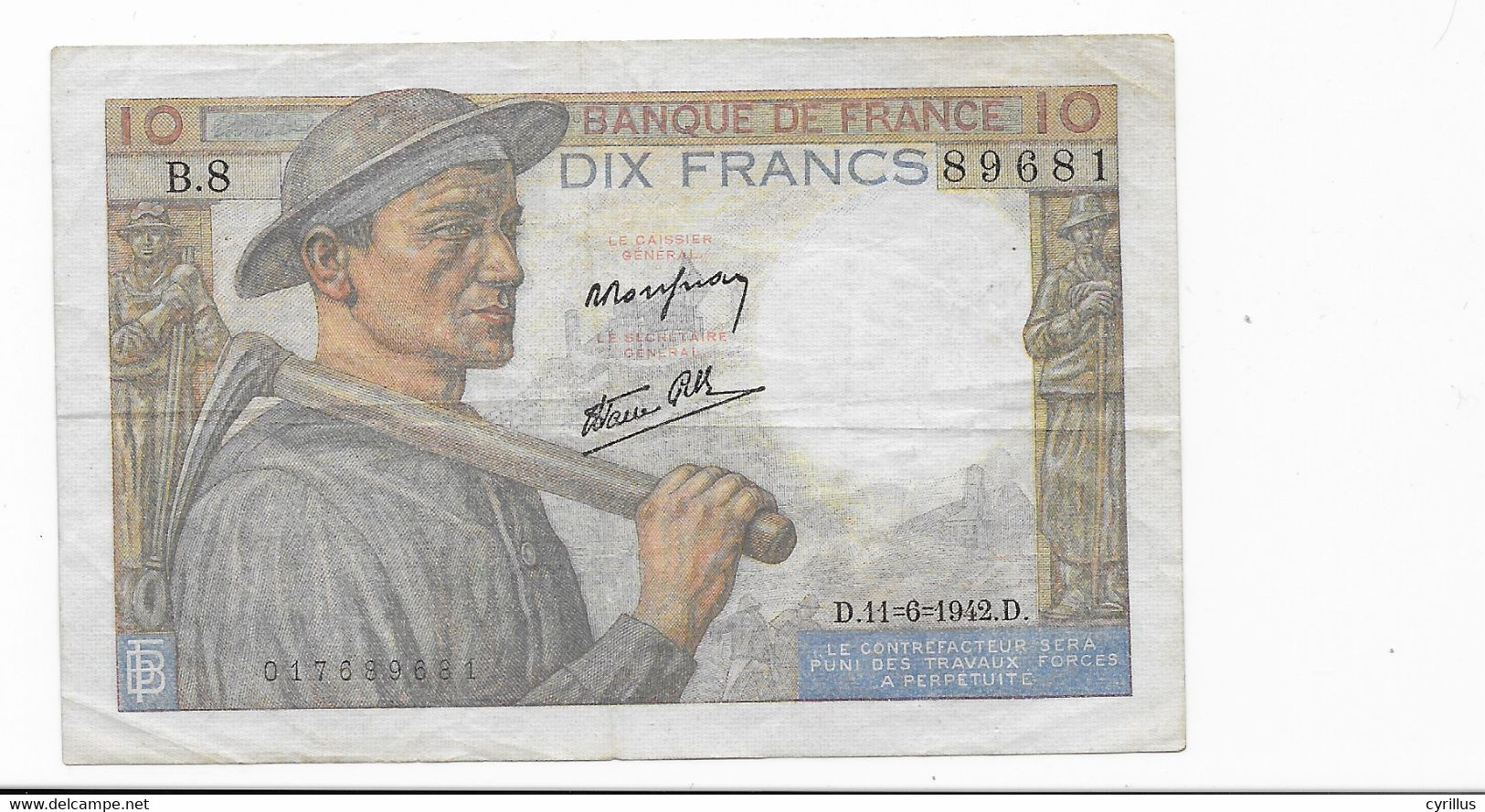 France - Billet De 10 Francs Mineur - D.11-6 1942.D - 10 F 1941-1949 ''Mineur''