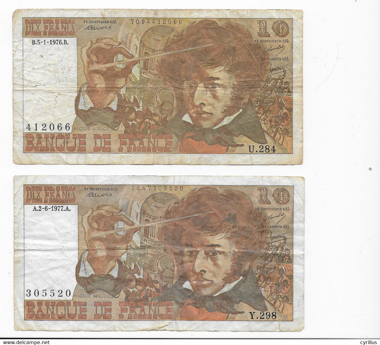 France - 2 Billet De 10 Francs Berlioz - B.5-1-1976 Et A.2-6-1977 - 10 F 1972-1978 ''Berlioz''