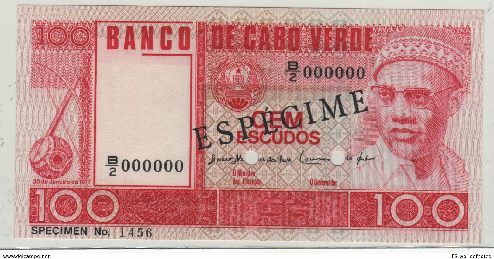 CAPE VERDE   100 Escudos     P54s   "SPECIMEN"   Dated 20.1.1977  (Amilcar Cabral +Mount Cano  At Back)  UNC - Cap Vert