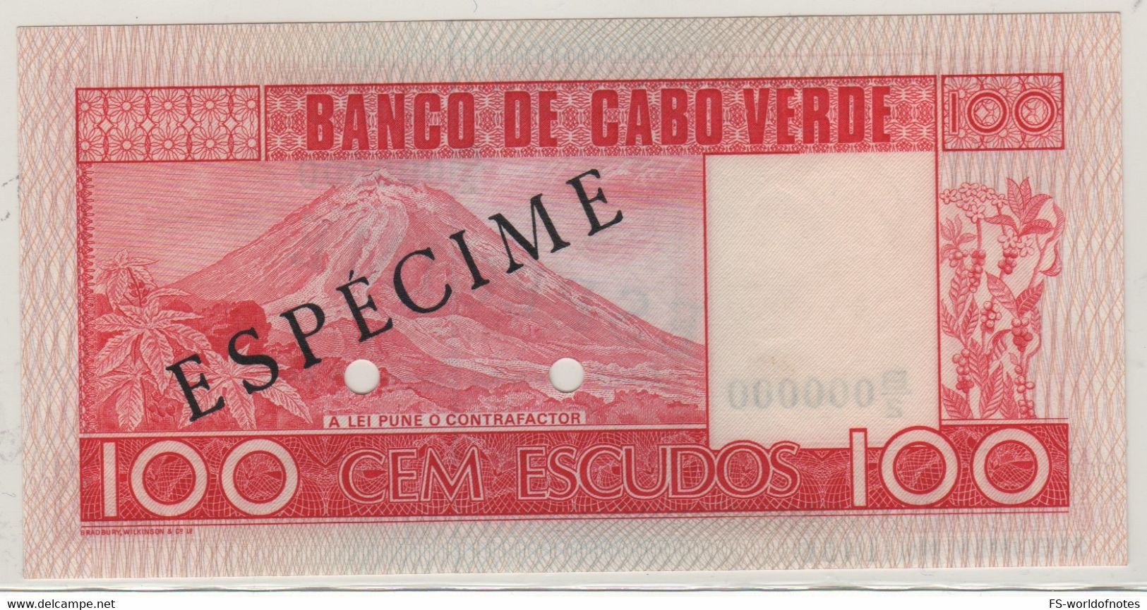 CAPE VERDE   100 Escudos     P54s   "SPECIMEN"   Dated 20.1.1977  (Amilcar Cabral +Mount Cano  At Back)  UNC - Cape Verde