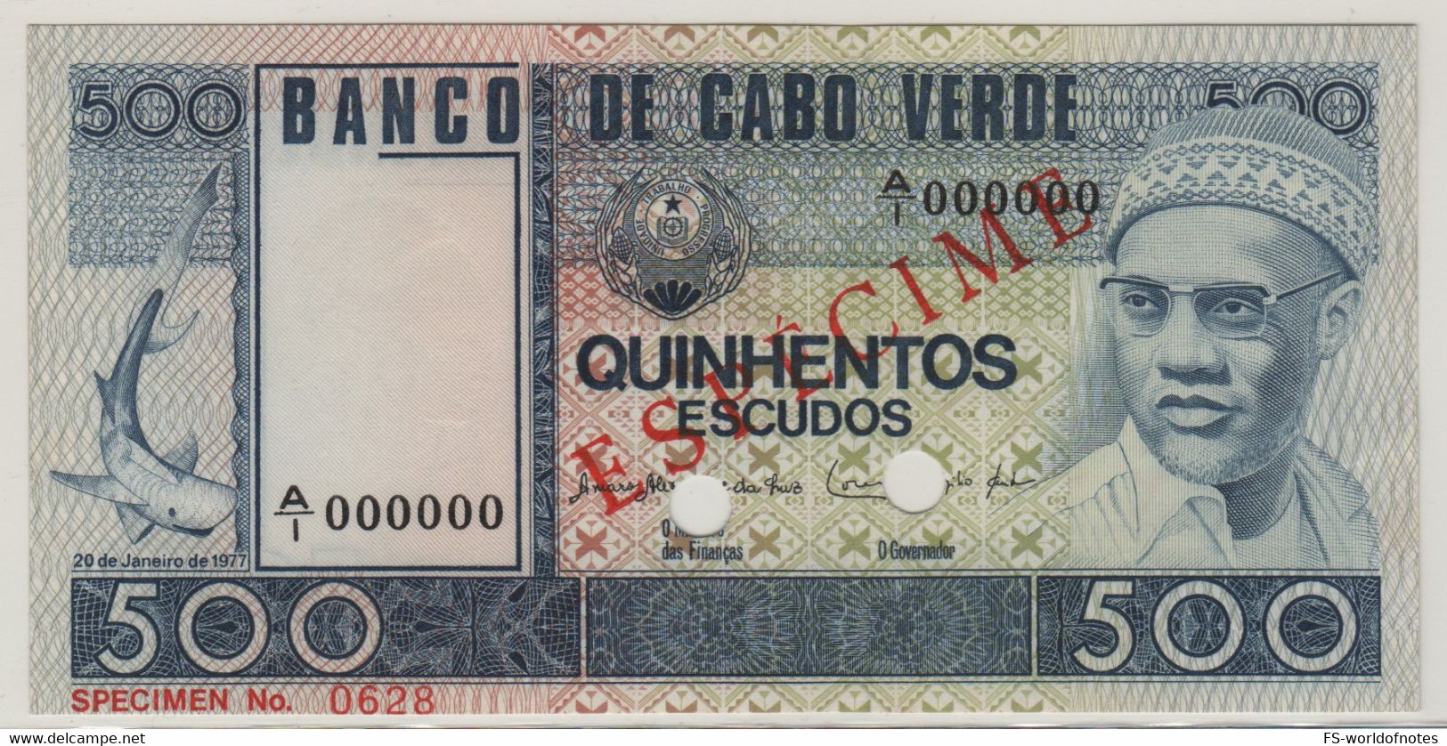 CAPE VERDE   500 Escudos     P55s   "SPECIMEN"   Dated 20.1.1977  (Amilcar Cabral +Port Of Mindelo  At Back)  UNC - Cap Verde