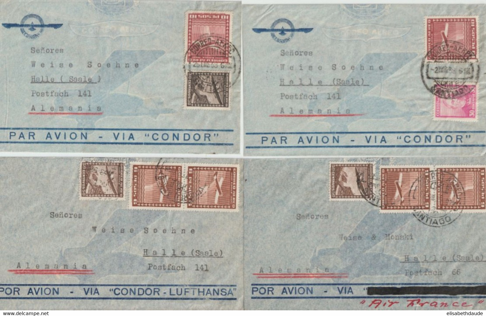 1938 - CHILE - 4 ENVELOPPES POSTE AERIENNE Via CONDOR / LUFTHANSA / AIR FRANCE ! => HALLE (GERMANY) - Chile