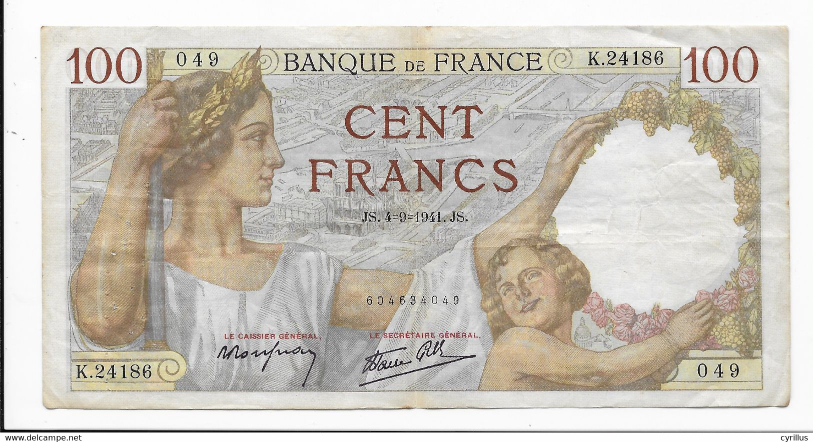 France -  Billet De 100 Francs Sully - JS.4-9-1941.JS - 100 F 1939-1942 ''Sully''