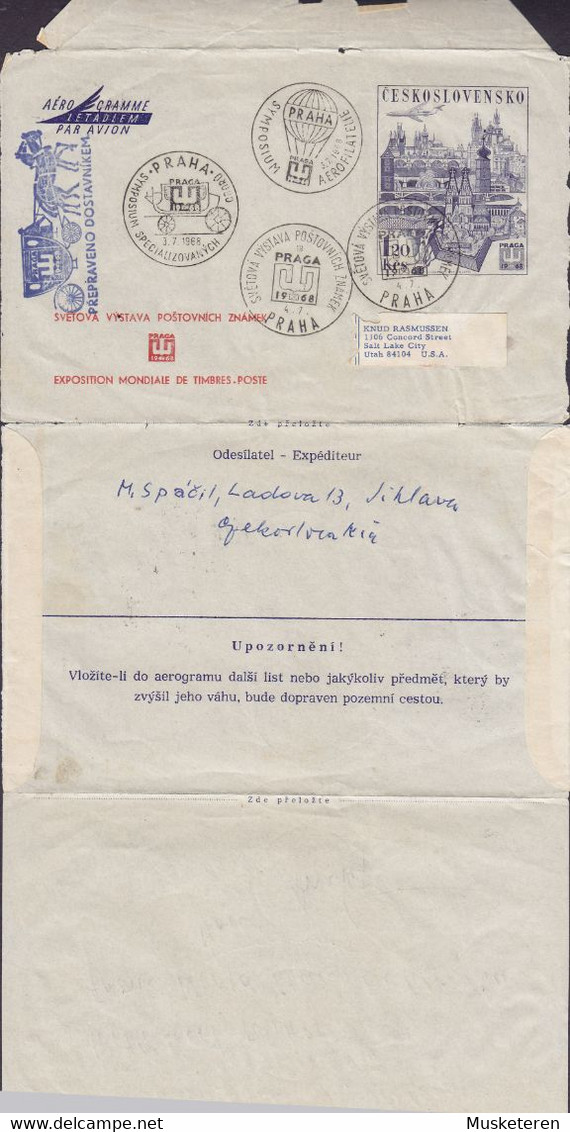 Czechoslovakia Postal Stationery Ganzsache Entier Aerogramme EXPOSITION MONDIALE DE TIMBRES-POSTE, PRAHA 1968 UTAH USA - Aerogrammi