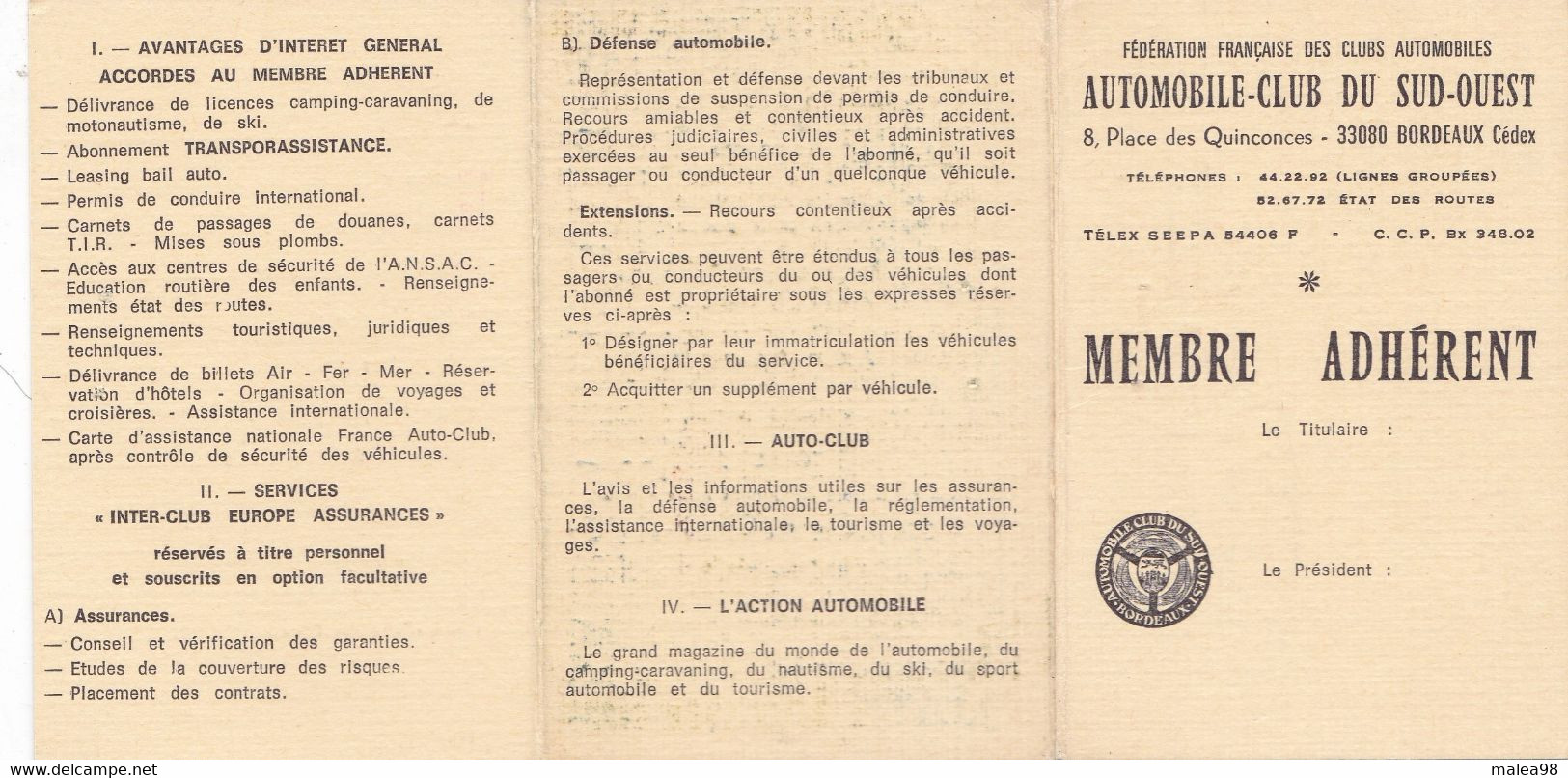 CARTE DE MEMBRE ADHERENT   DE L'AUTOMOBILE CLUB DU  SUD   OUEST 1977,,TBE - Coches