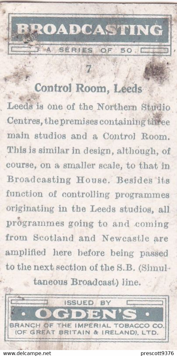 Broadcasting 1935 - 7 BBC Leeds Control Room - Ogdens Original Cigarette Card - RP - BW - Ogden's