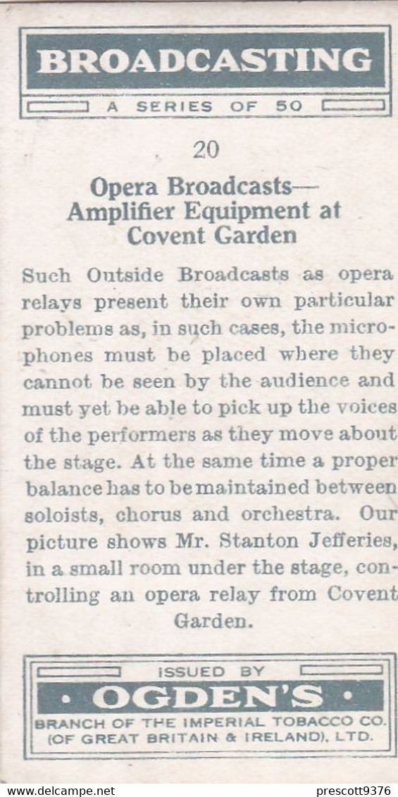 Broadcasting 1935 - 20 Opera Broadcast, Covent Garden - Ogdens Original Cigarette Card - RP - BW - Ogden's