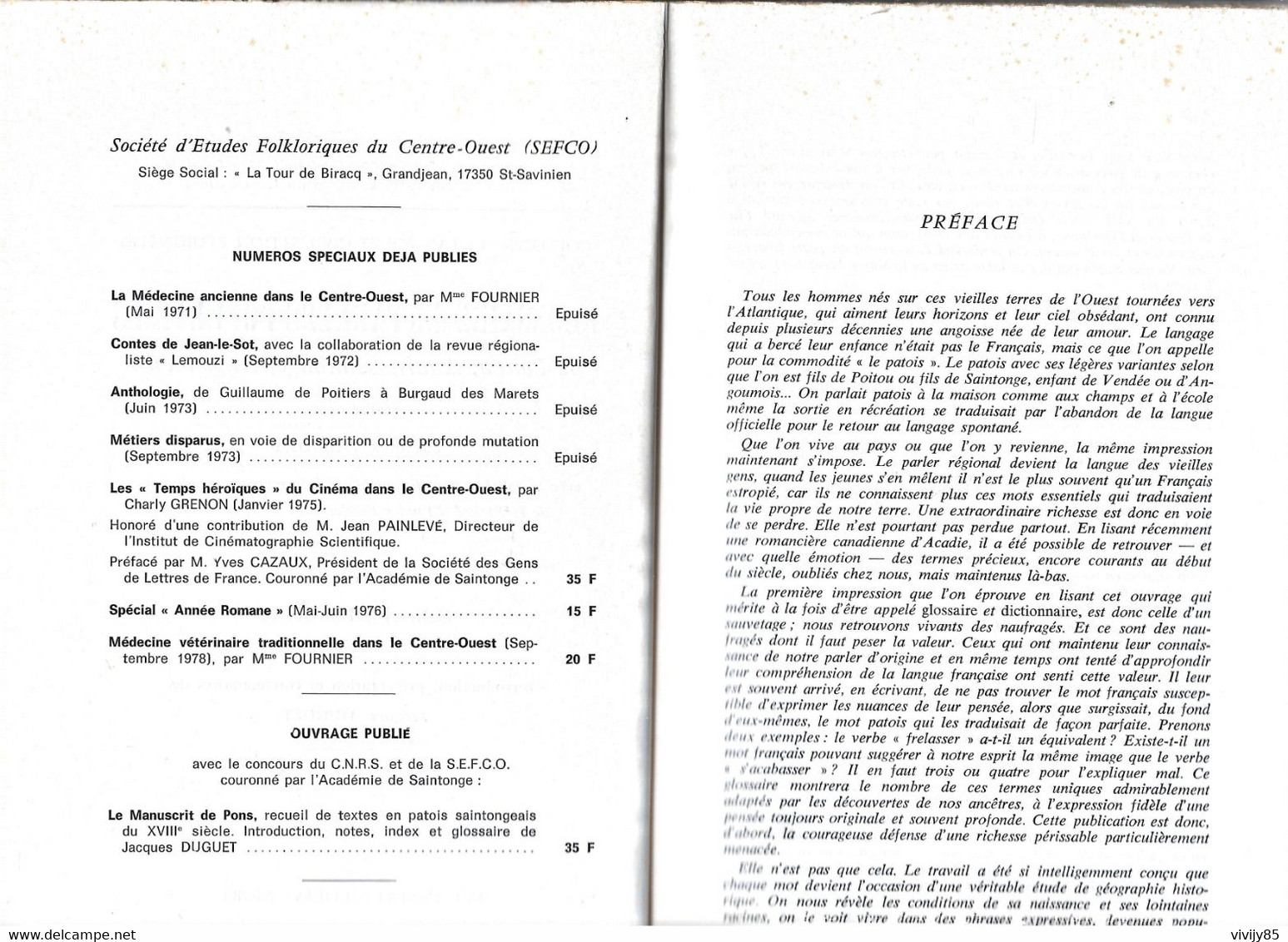 Livre De 100 Pages " Glossaire Des Parlers Populaires De POITOU - SAINTONGE -AUNIS - ANGOUMOIS " -Etudes Folkloriques - Poitou-Charentes