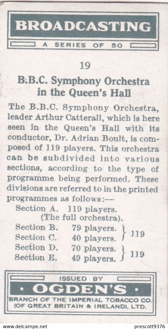 Broadcasting 1935 - 31 BBC Symphony Orchestra, Queens Hall  - Ogdens Original Cigarette Card - RP - BW - Ogden's