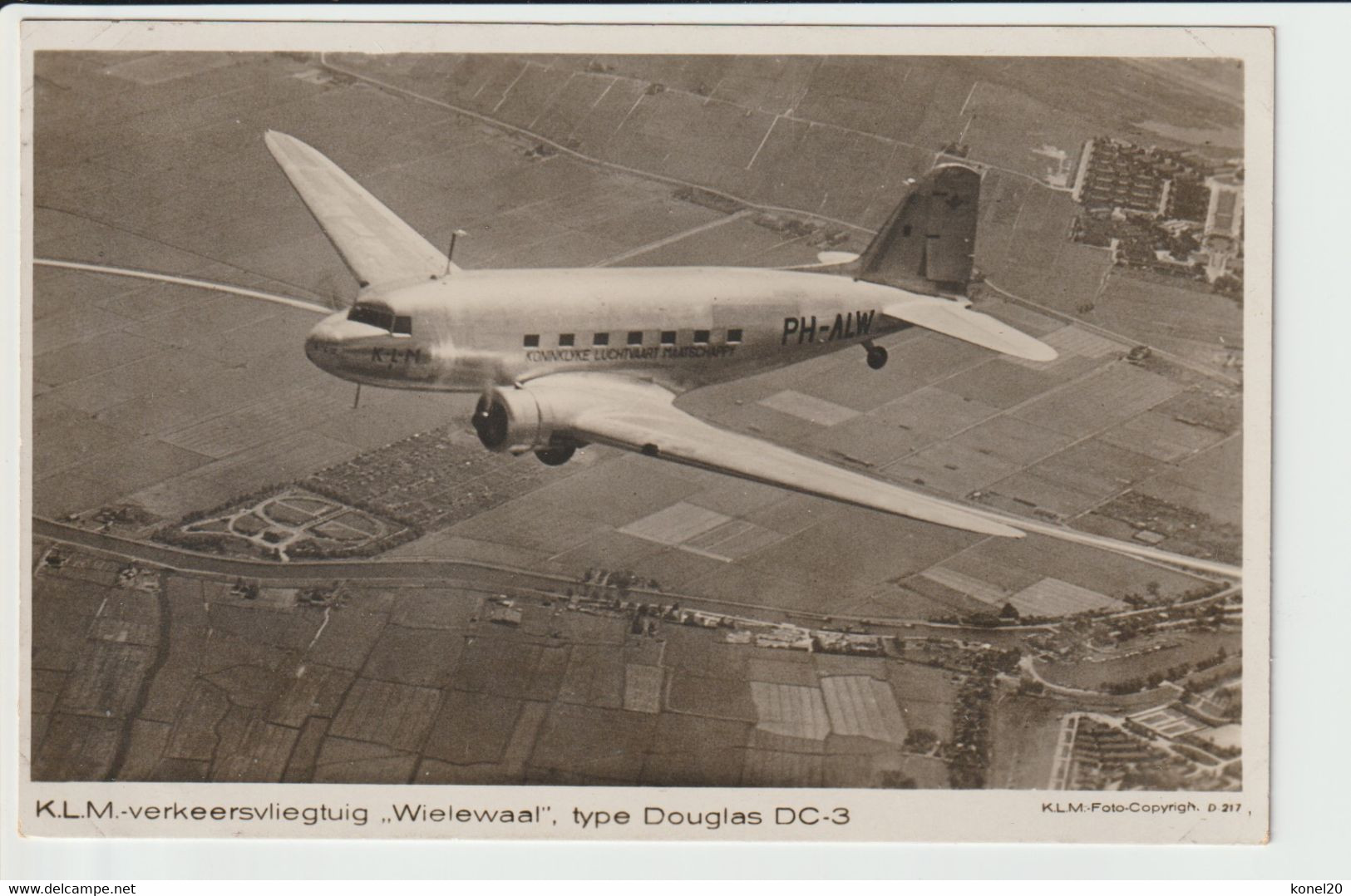 Vintage Rppc KLM K.L.M Royal Dutch Airlines Douglas Dc-3 Named "Wielewaal" Aircraft - 1919-1938: Entre Guerres