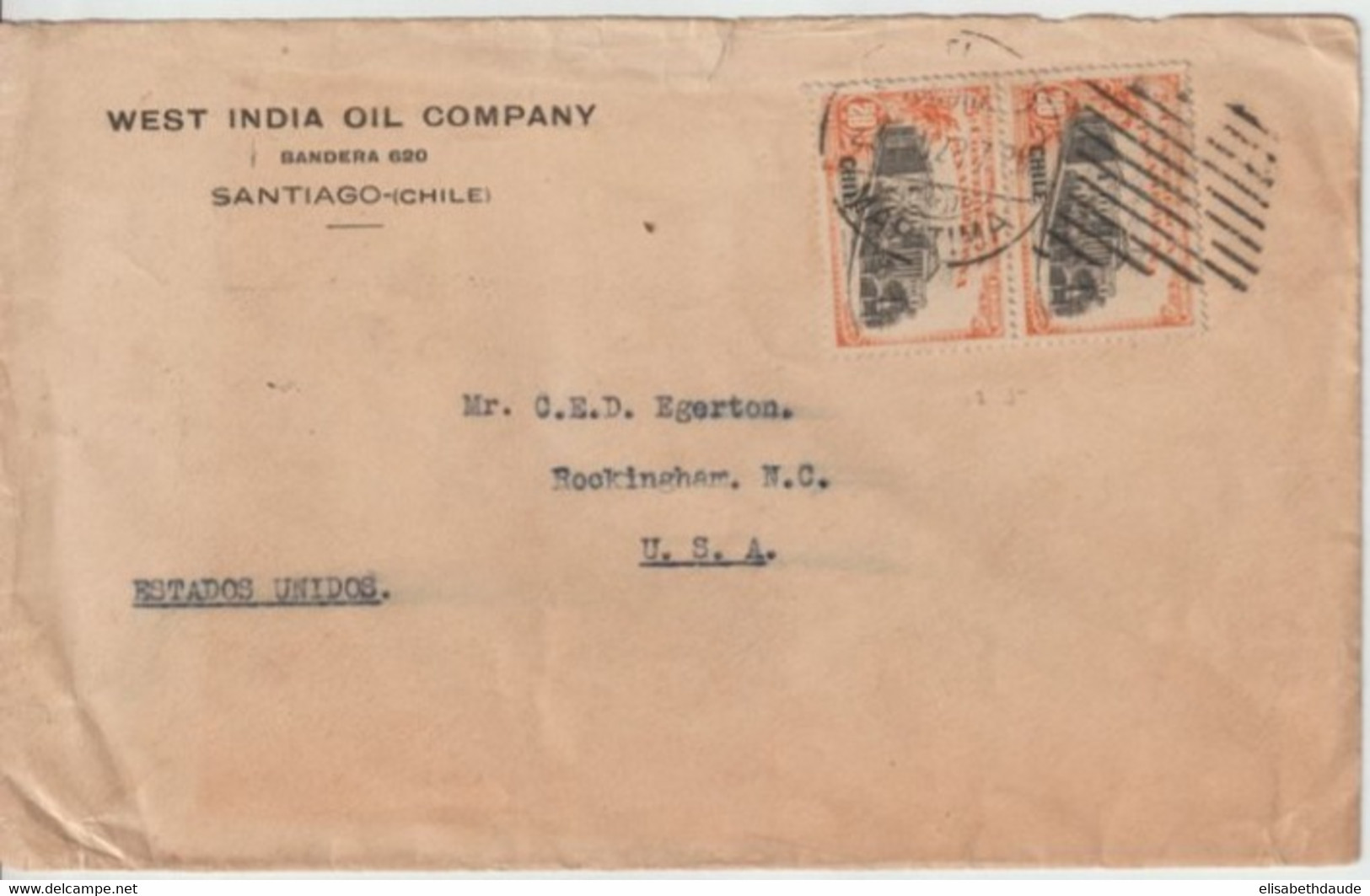 1923 - CHILE - ENVELOPPE WEST INDIA OIL COMPANY De SANTIAGO => ROCKINGHAM (USA) - Chile