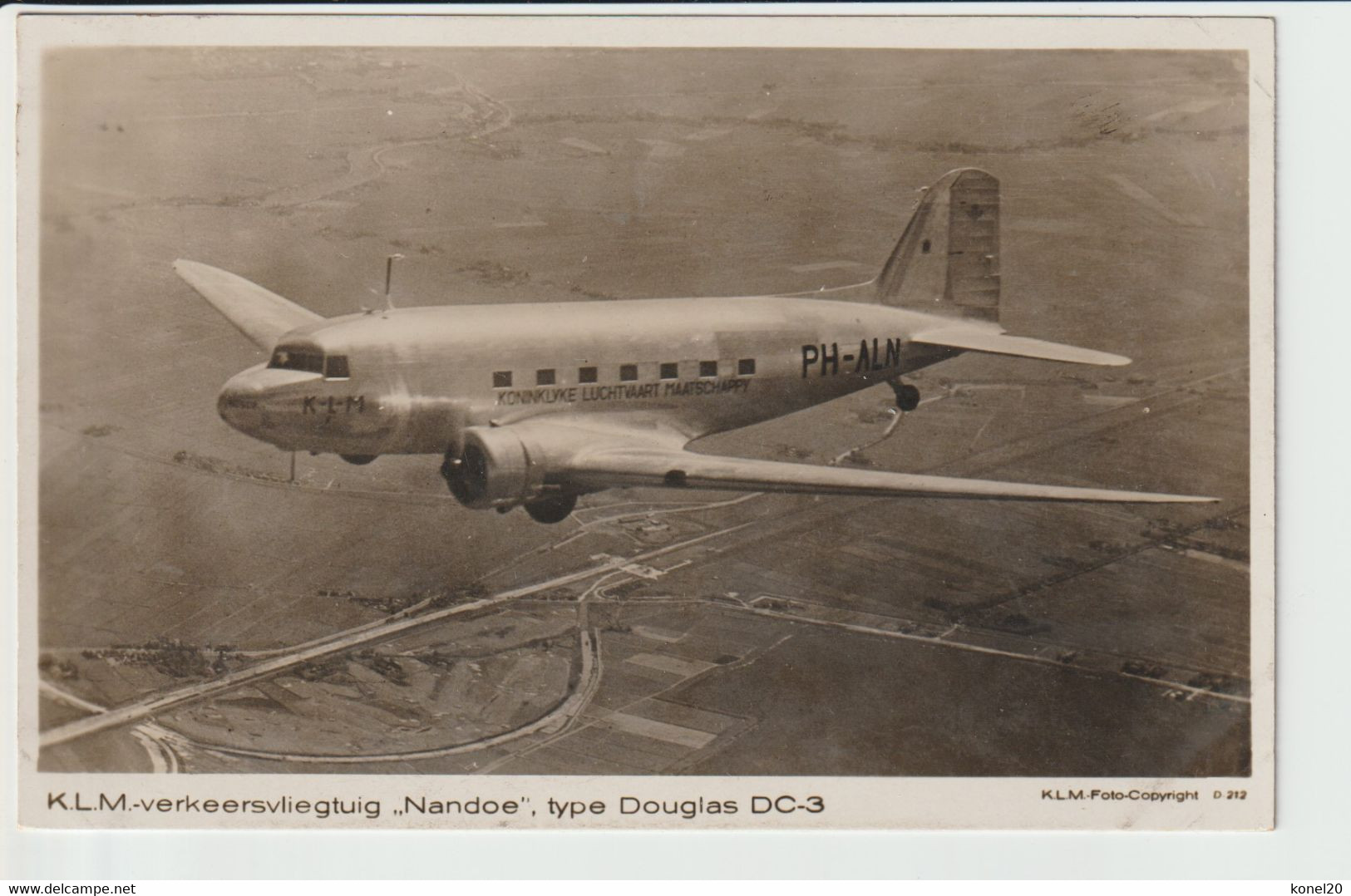 Vintage Rppc KLM K.L.M Royal Dutch Airlines Douglas Dc-3 Named "Nandoe" Aircraft - 1919-1938: Entre Guerres