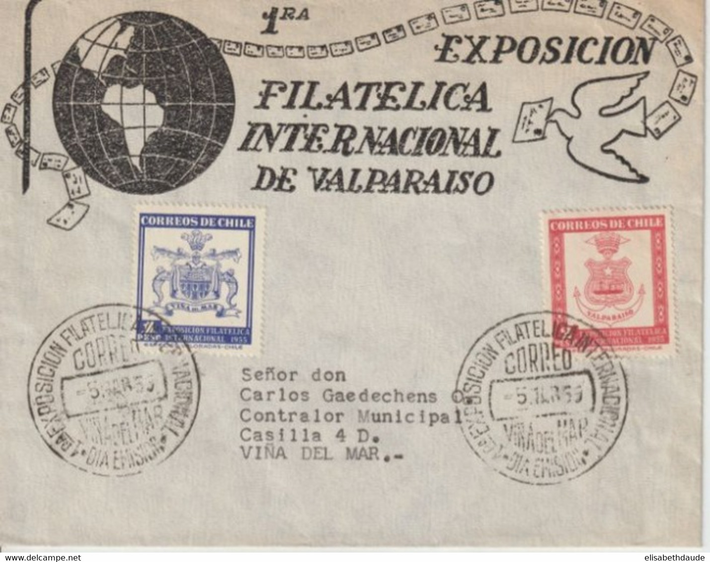 1955 - CHILE - ENVELOPPE DECOREE SUPERBE De La 1° EXPOSITION PHILATELIQUE INTERNATIONALE De VALPARAISO - Chile