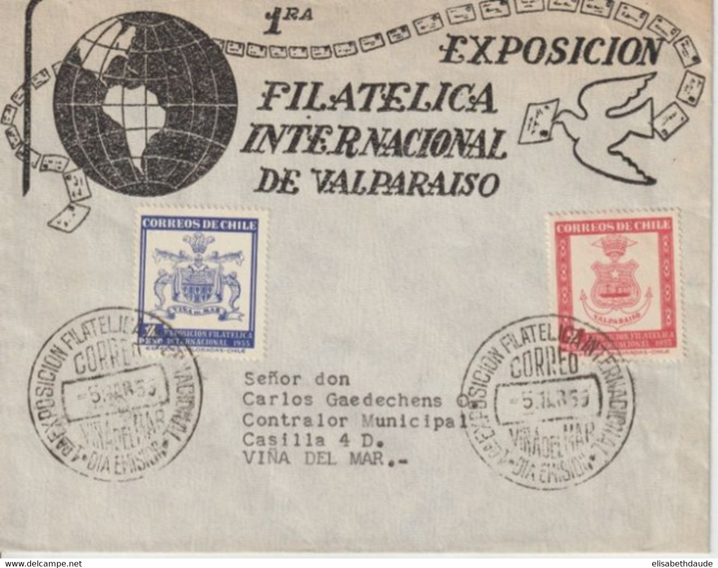 1955 - CHILE - ENVELOPPE DECOREE SUPERBE De La 1° EXPOSITION PHILATELIQUE INTERNATIONALE De VALPARAISO - Cile