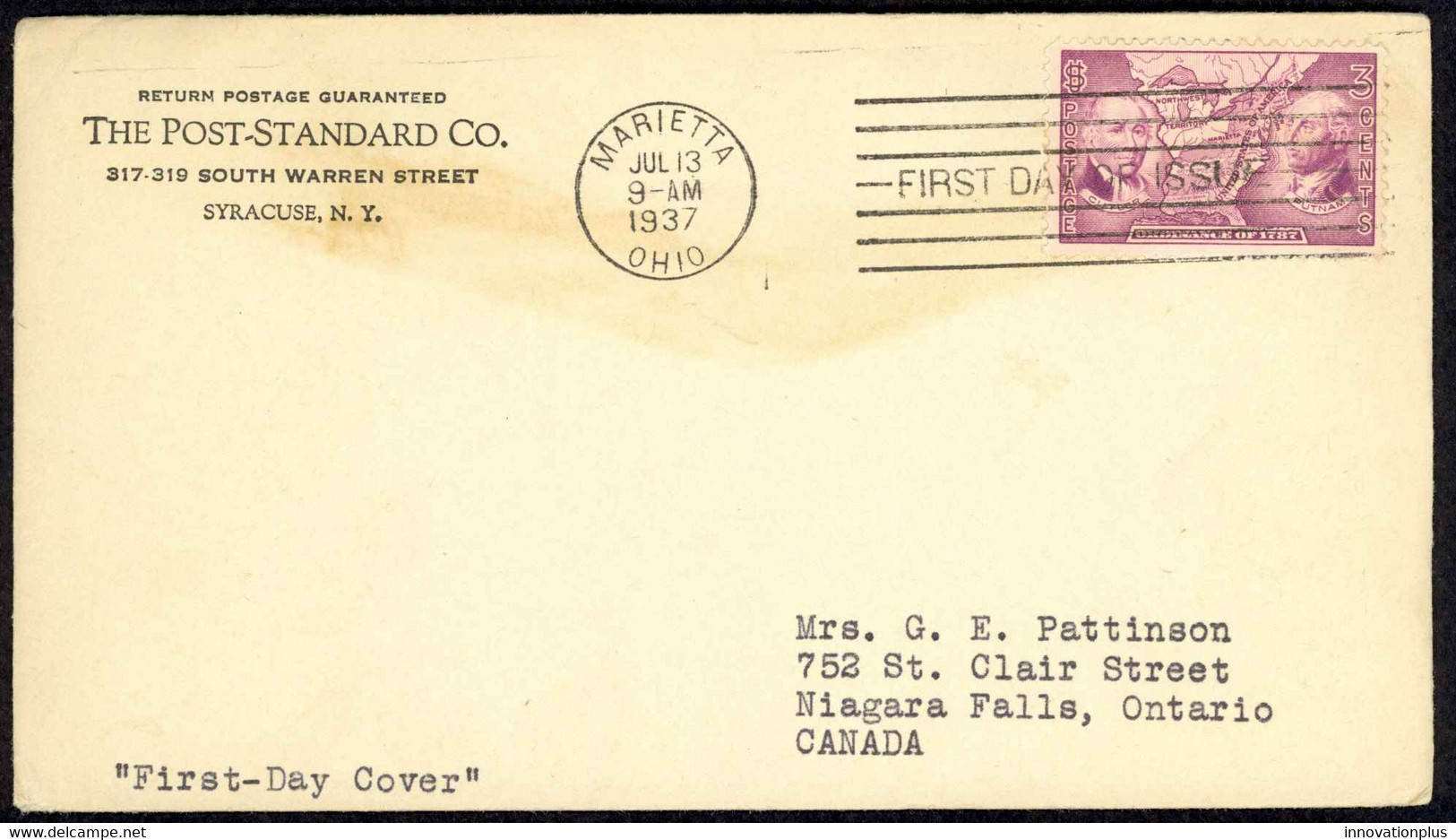 USA Sc# 795 FDC (a) (Marietta, OH) 1937 7.13 Northwest Ordinance 100th - 1851-1940