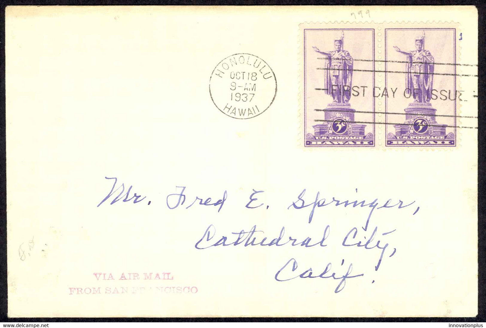 USA Sc# 799 FDC Pair (c) (Honolulu, HI) 1937 10.18 Hawaii - 1851-1940