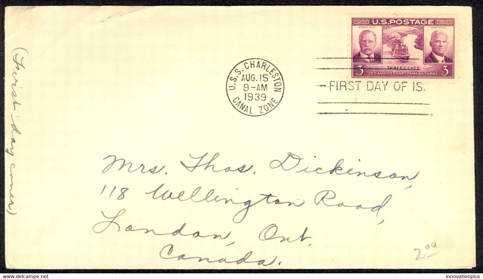 USA Sc# 856 FDC (a) (U,S.S. Charleston, Canal Zone) 1939 8.15 Panama Canal - 1851-1940