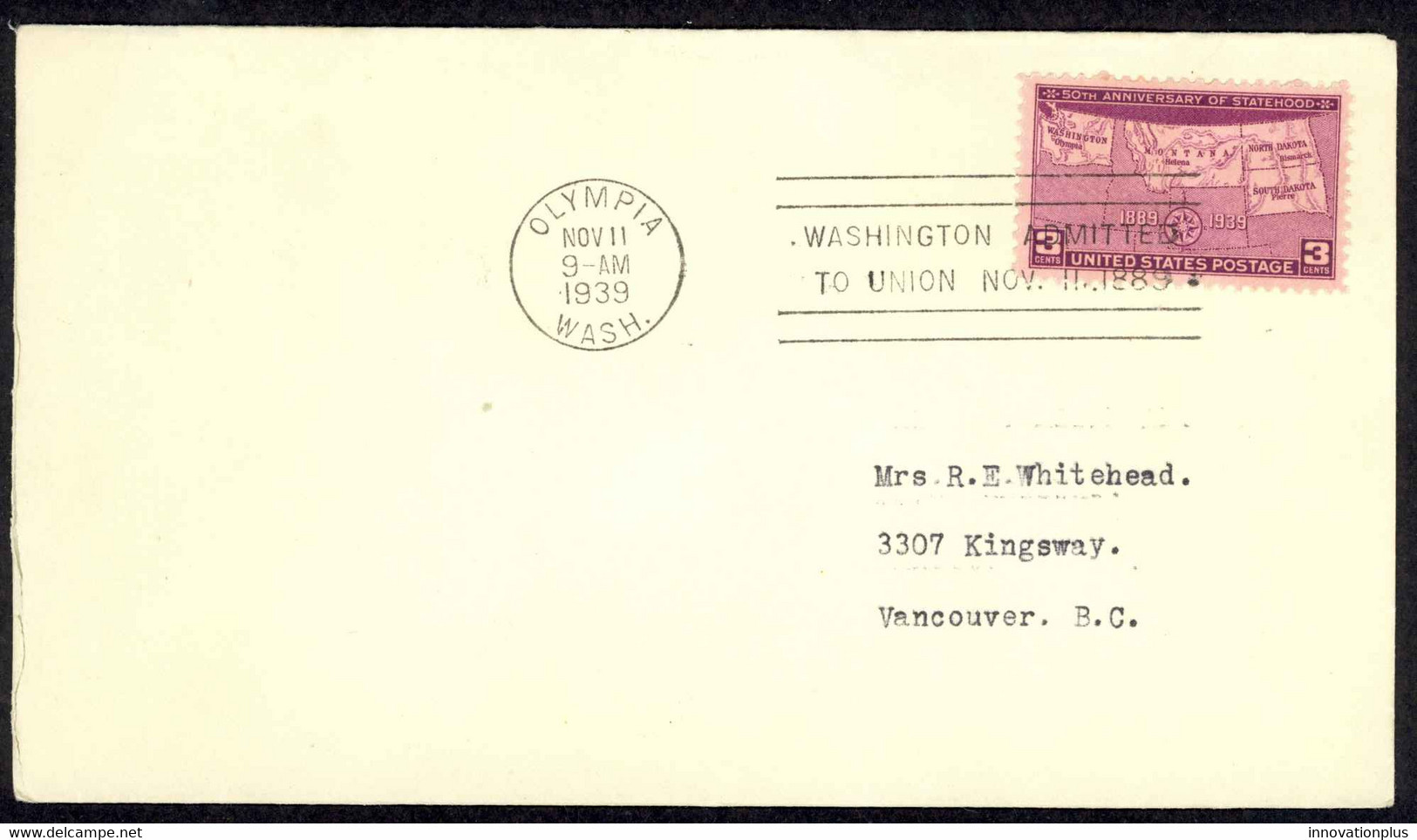 USA Sc# 858 FDC (b) (Olympia, WA) 1939 11.11 Washington Statehood 50th - 1851-1940