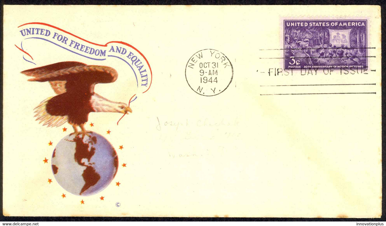 USA Sc# 926 (Jacques Minkus Cachet) FDC (a) (New York, NY) 1944 Motion Pictures - 1941-1950