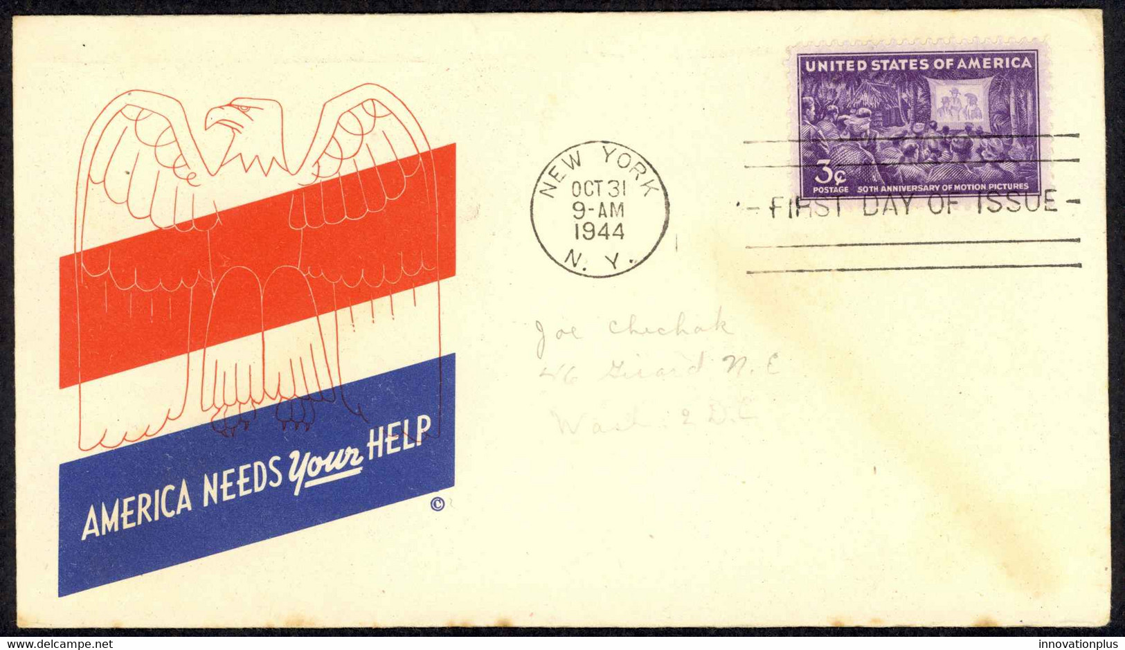 USA Sc# 926 (cachet) FDC (c) (New York, NY) 1944 10.31 Motion Pictures - 1941-1950